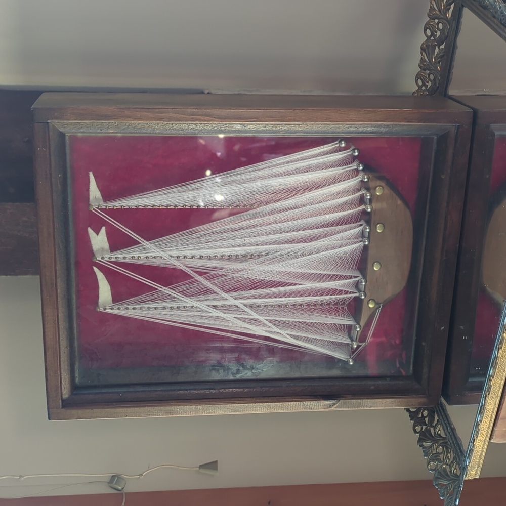 Vintage Handmade String Art Nautical Ship Red Velvet and Wood Shadow Box